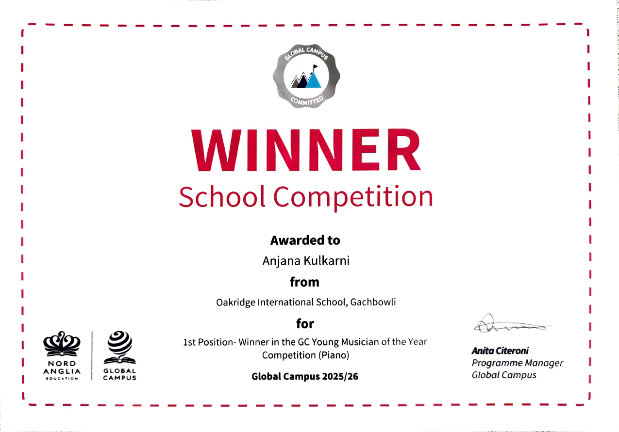 Anjana certificate_jpg Certificate titled WINNER School Competition, awarded to Anjana Kulkarni of Oakridge International School, with Global Campus logos at the bottom.
